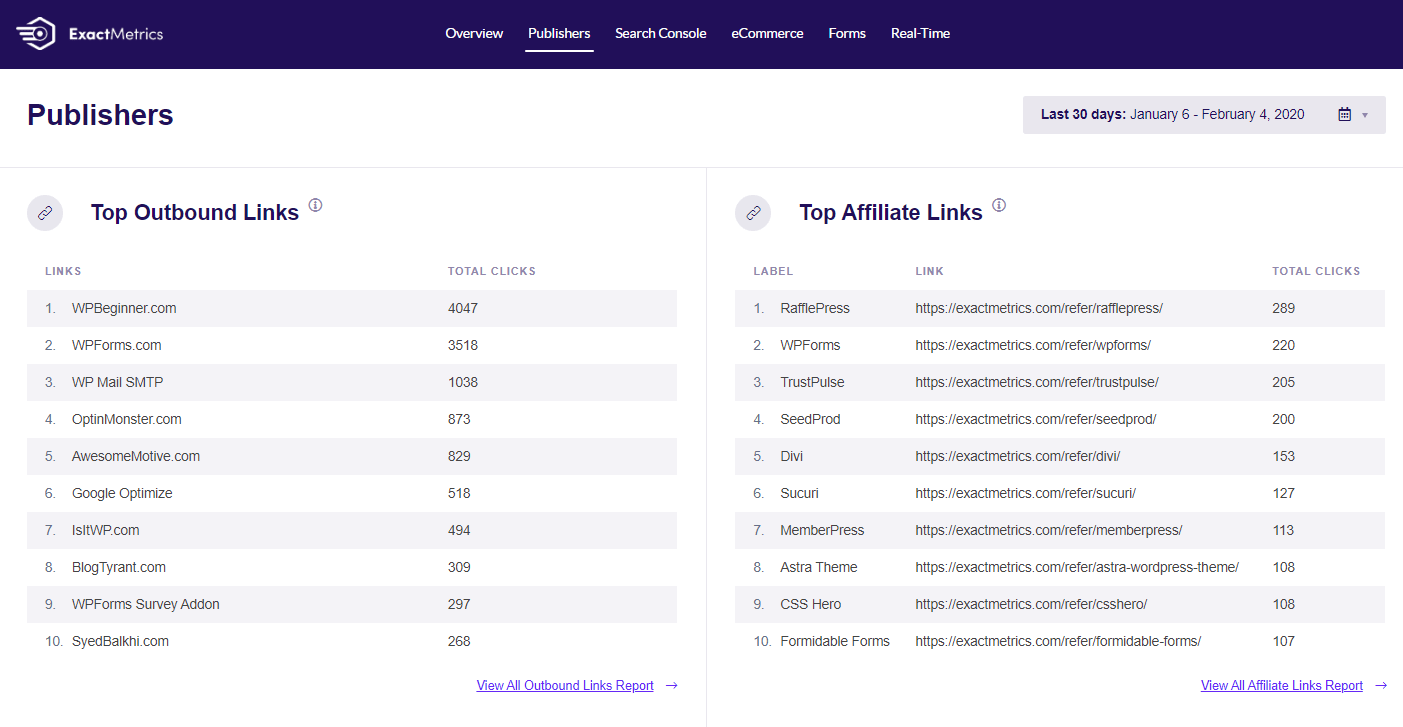 ExactMetrics affiliate links and ads tracking