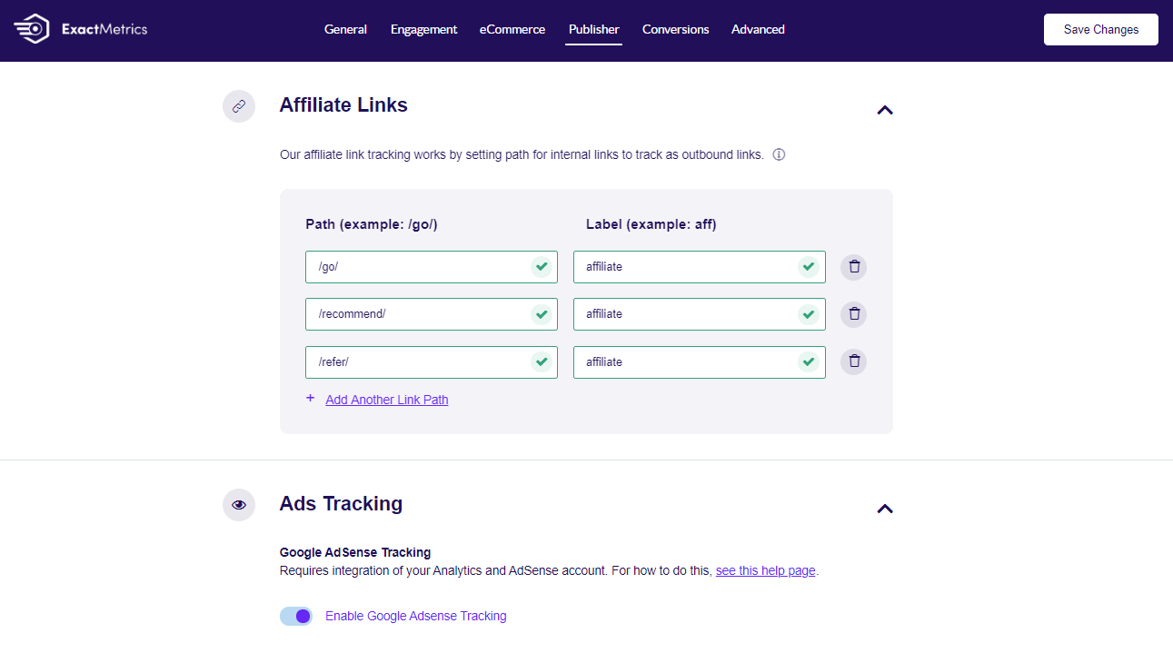 ExactMetrics enable affiliate link and ad tracking