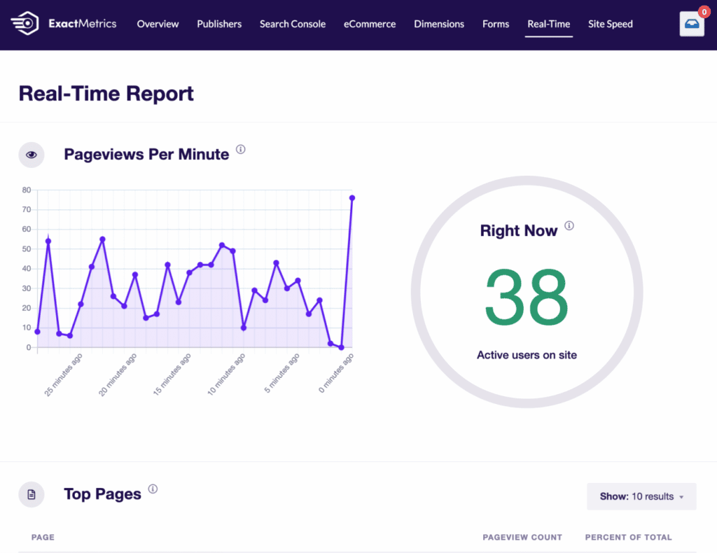 ExactMetrics Google Analytics real time report