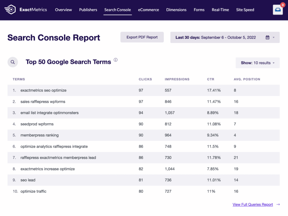 ExactMetrics Search Console Report