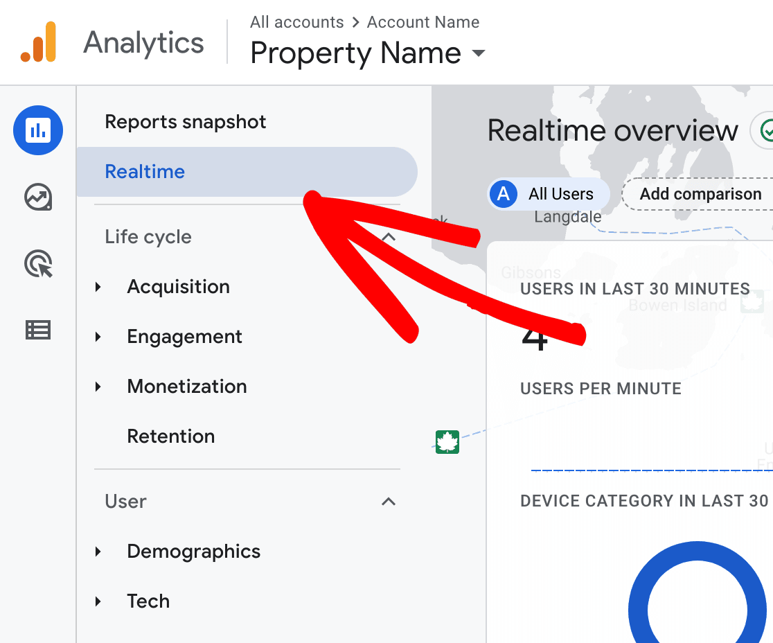 GA4 click Realtime Report