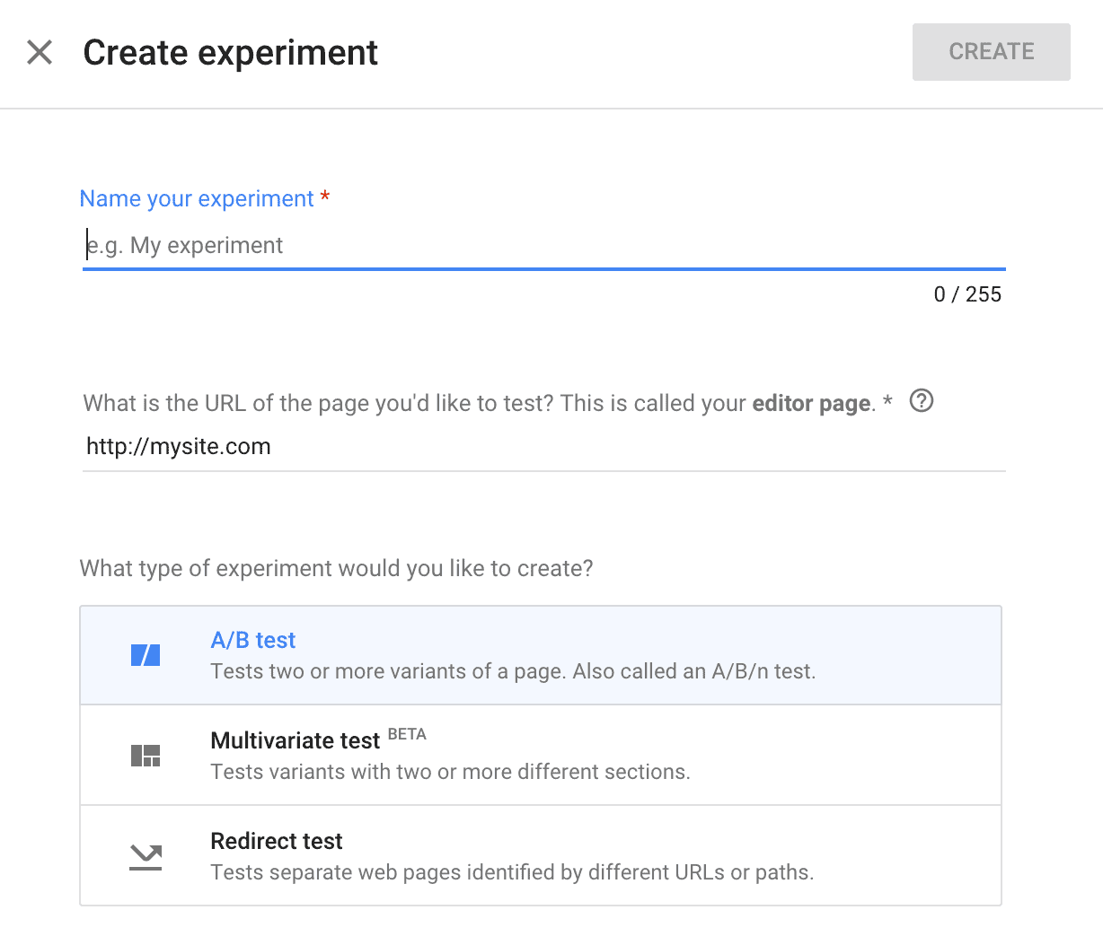 google-optimize-create-experiment