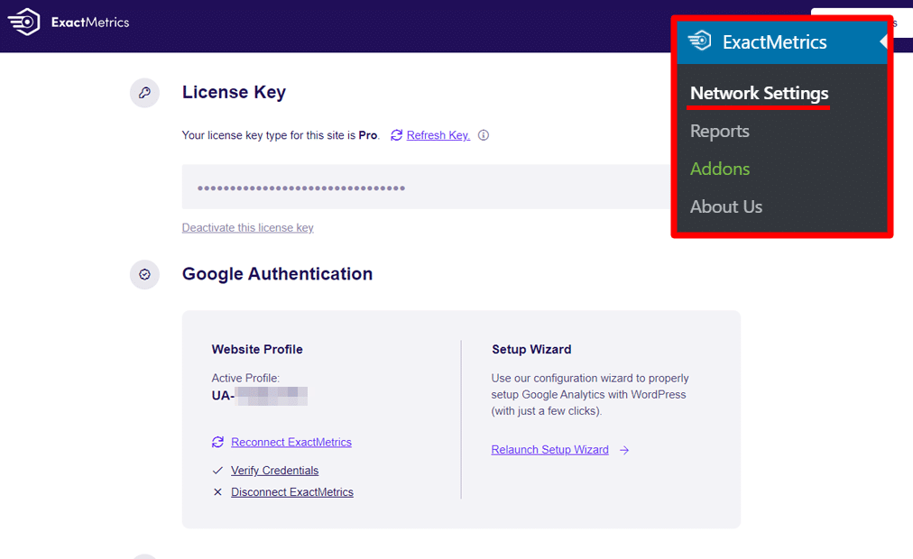 Multisite Network Settings panel, authenticated with GA