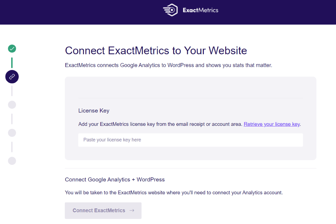 ExactMetrics license key and GA connection