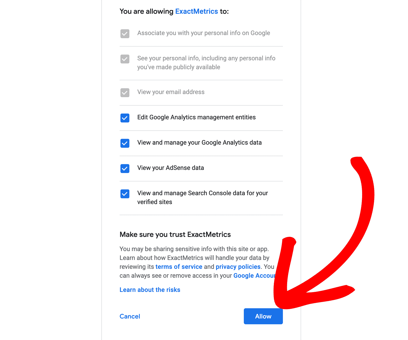 allow exactmetrics to connect to google account