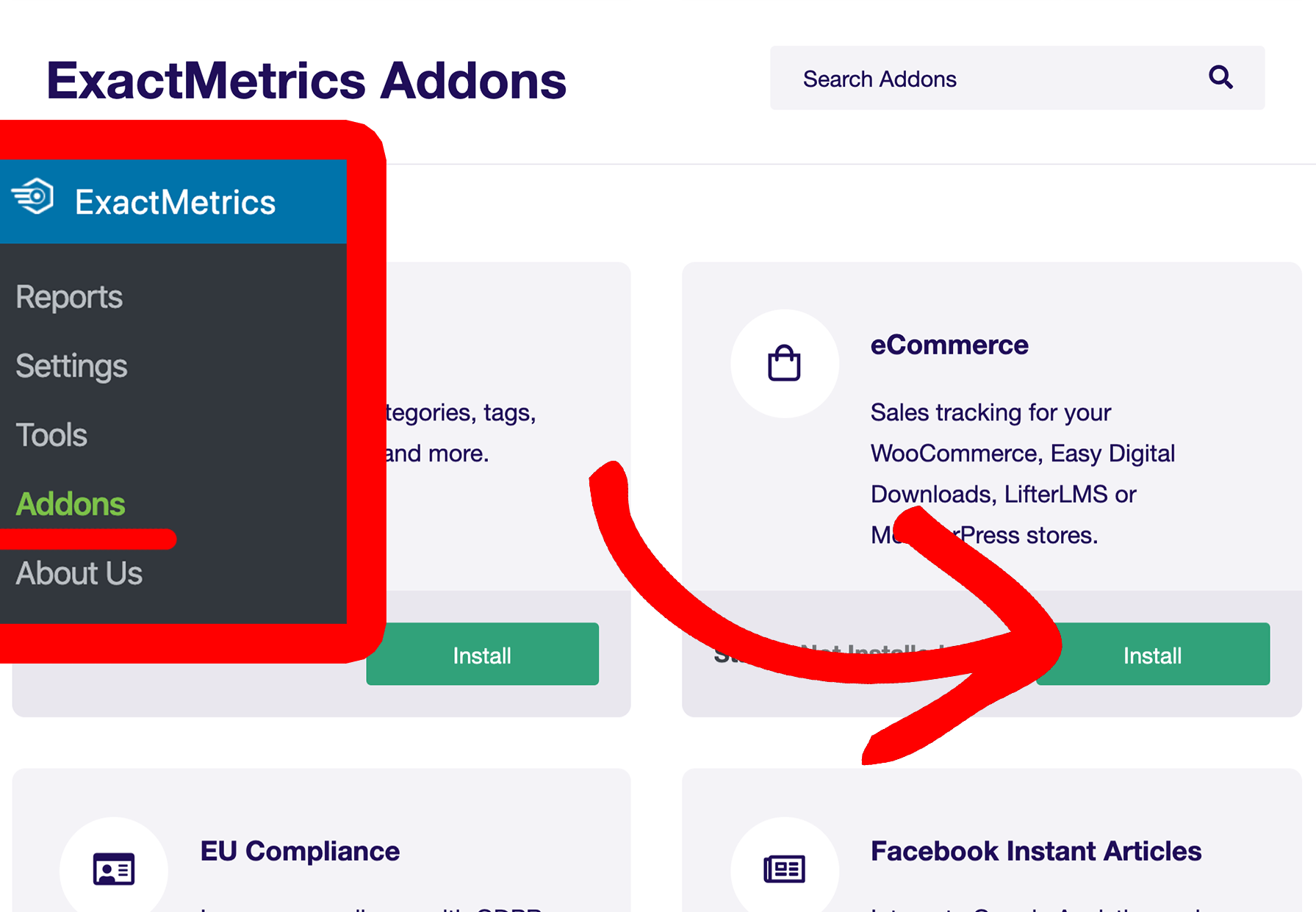 install exactmetrics ecommerce addon woocommerce conversion tracking