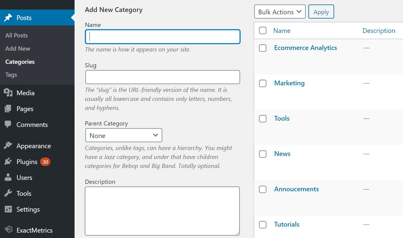 create wordpress categories