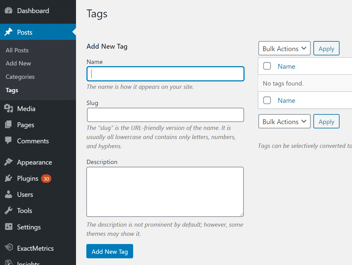 create wordpress tags