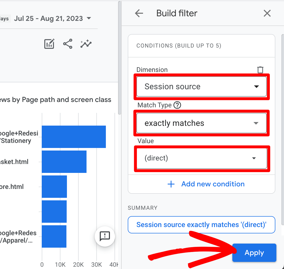 GA4 Build filter - pages by session source direct traffic