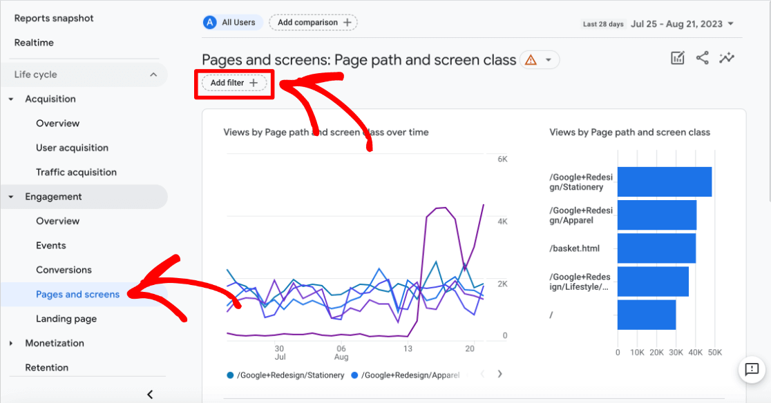 GA4 Pages and screens - add filter
