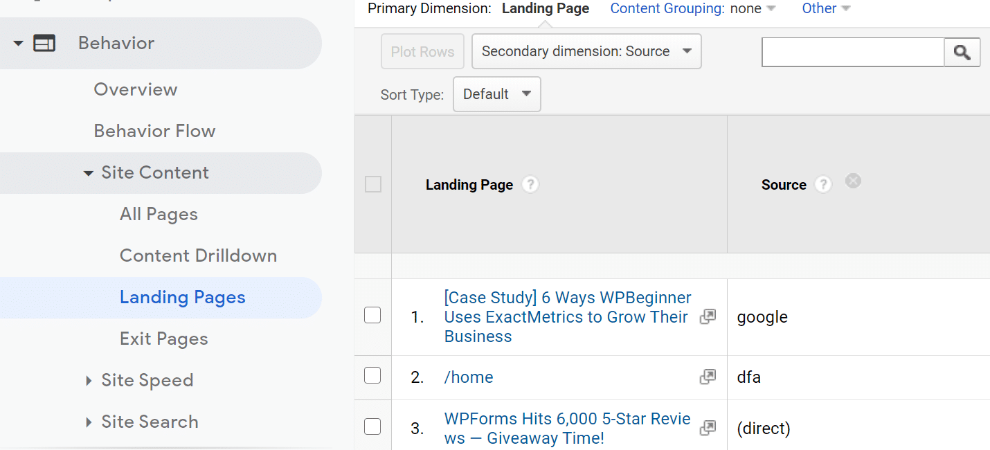 google analytics landing page report