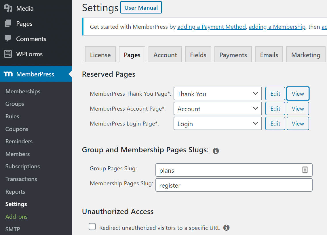 page settings memberpress