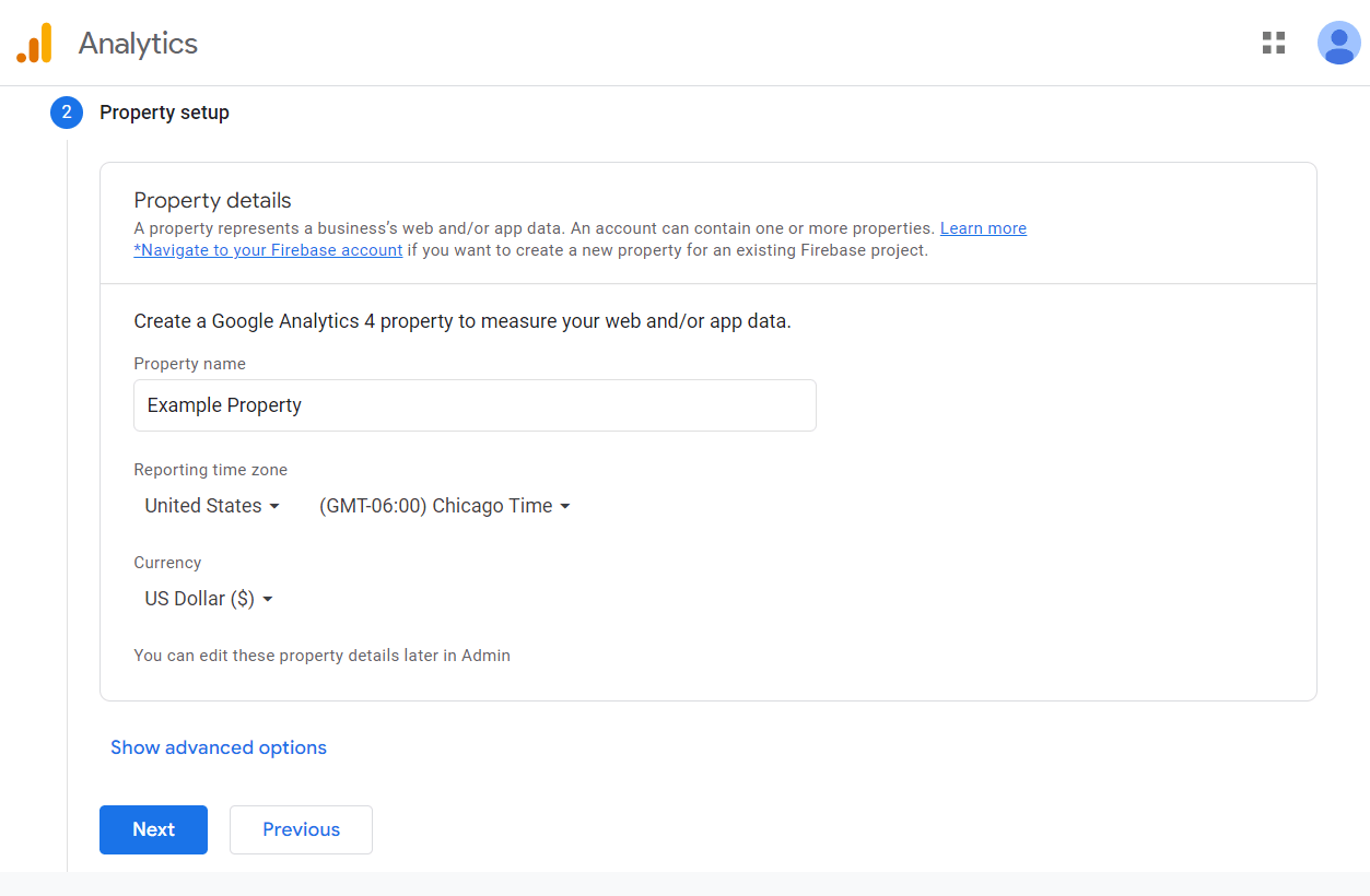 Property setup in Google Analytics
