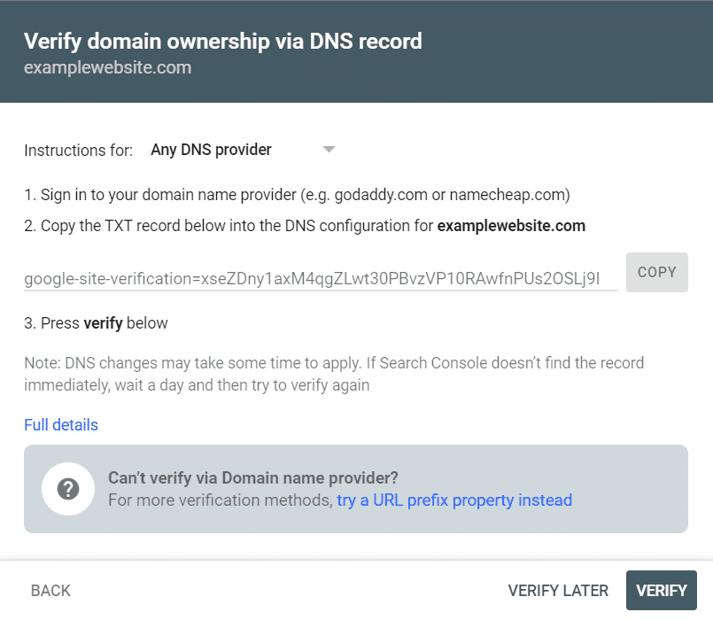 Verify Search Console via DNS