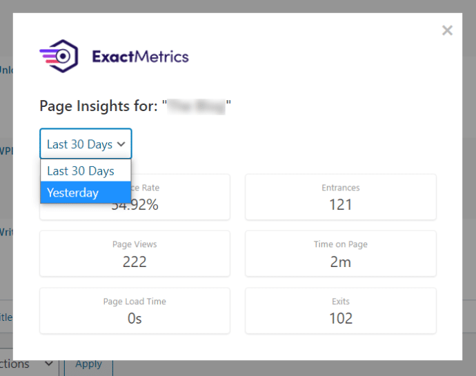 page insights exactmetrics dropdown