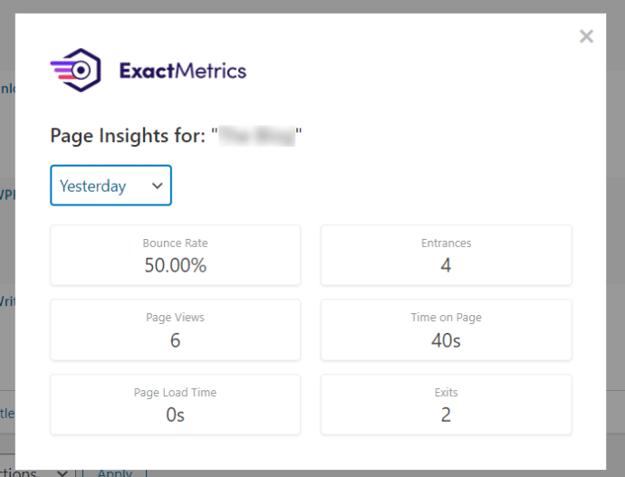 Page Insights ExactMetrics Yesterday View