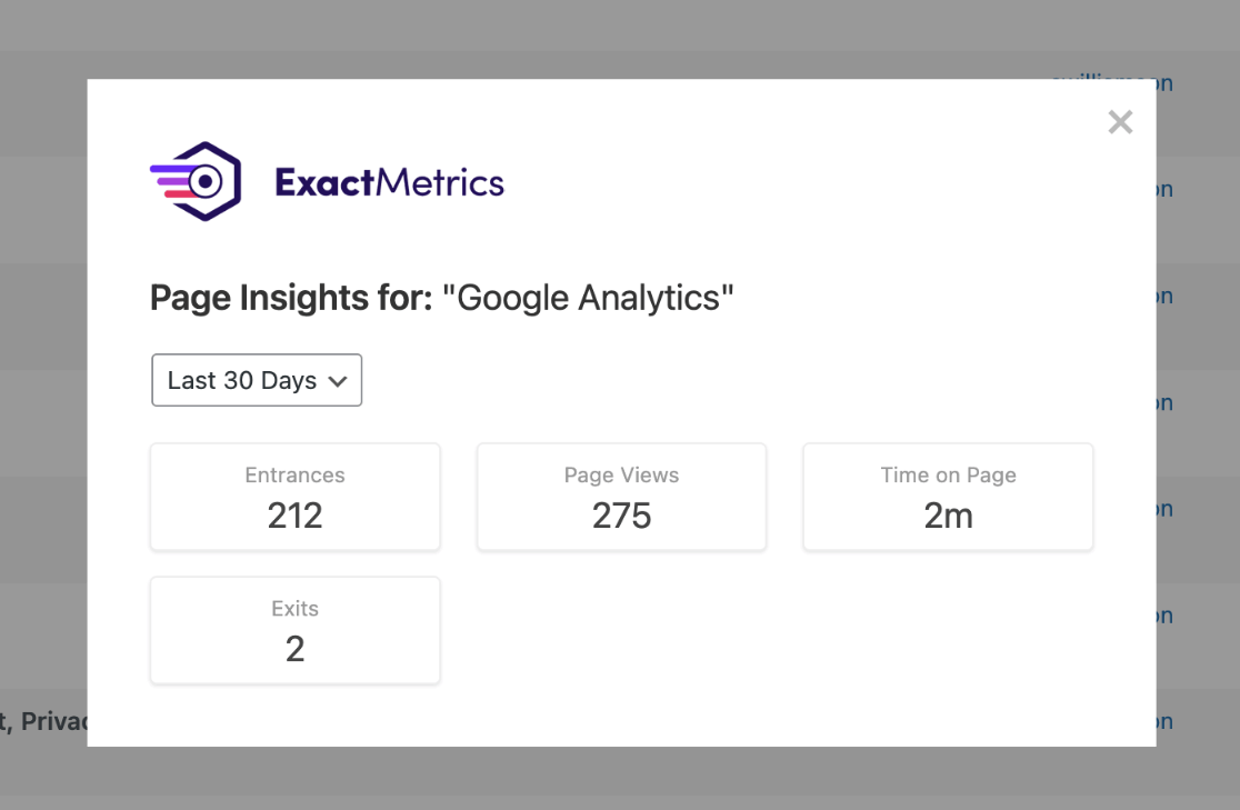 Page Insights popup in pages web traffic stats