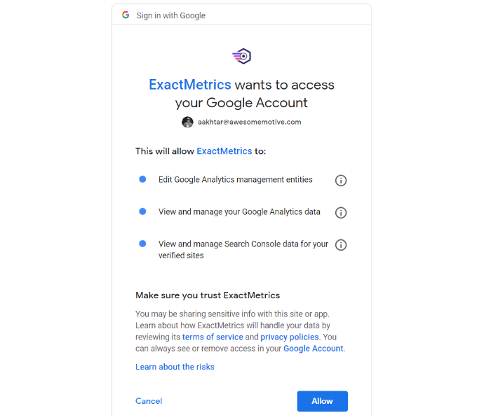 allow exactmetrics to connect to google account