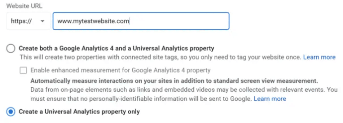 enter url and select create a universal analytics property only
