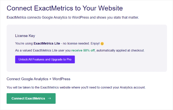 ExactMetrics Lite Free connect google analytics