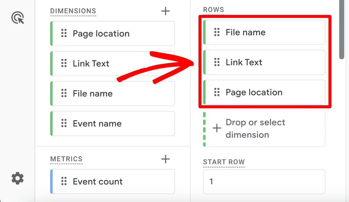 GA4 file downloads custom report - dimensions-rows