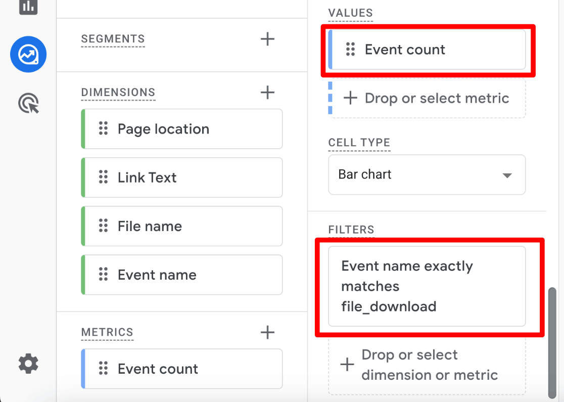 GA4 file downloads custom report values-filters