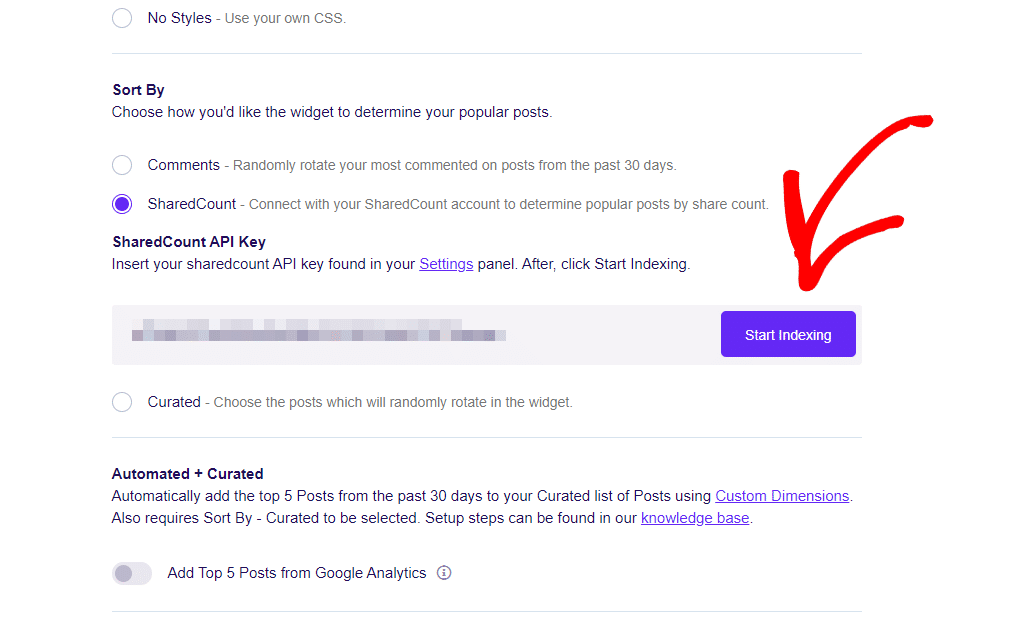 Popular Posts SharedCount API Key, click the Start Indexing button