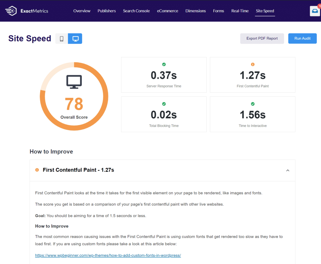 site speed report exactmetrics