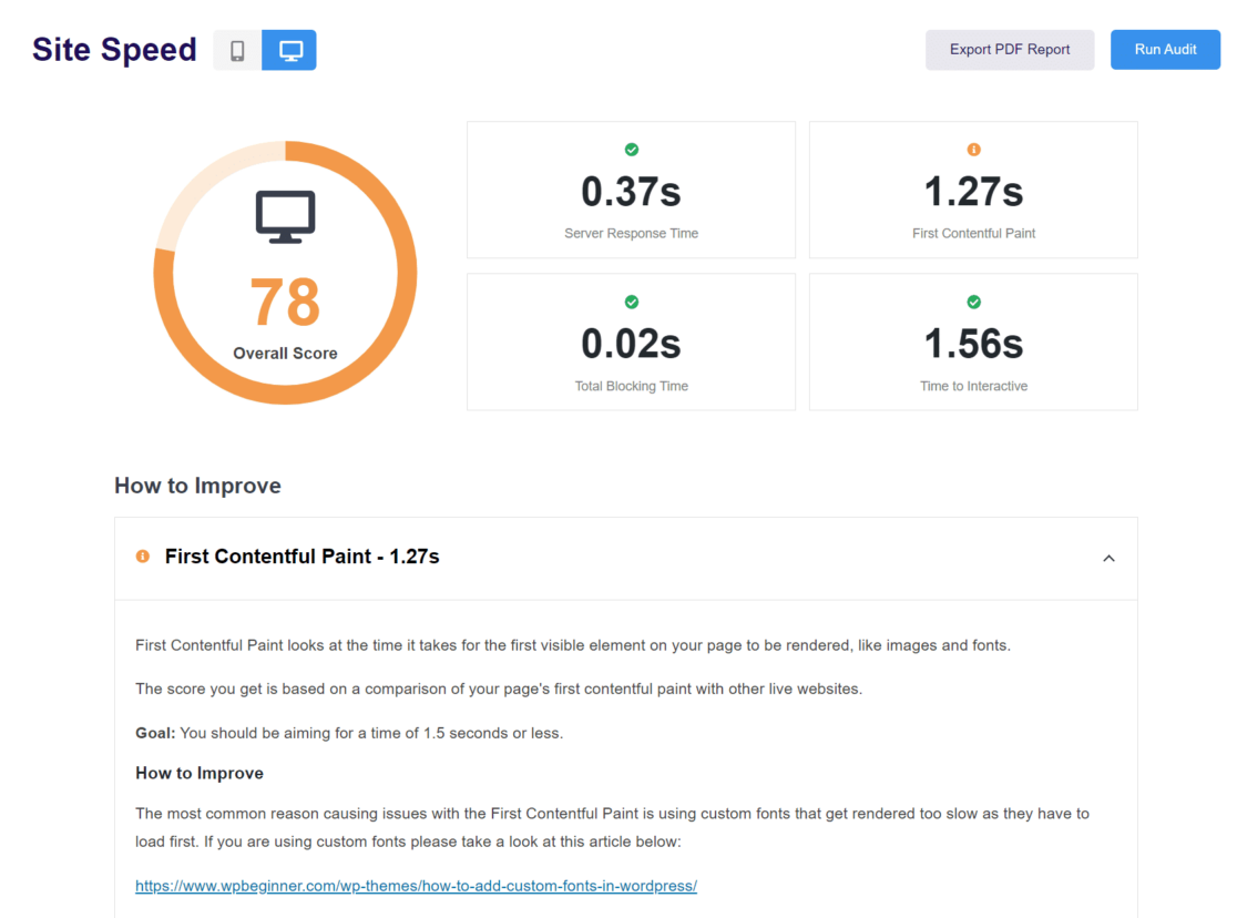 site speed report exactmetrics