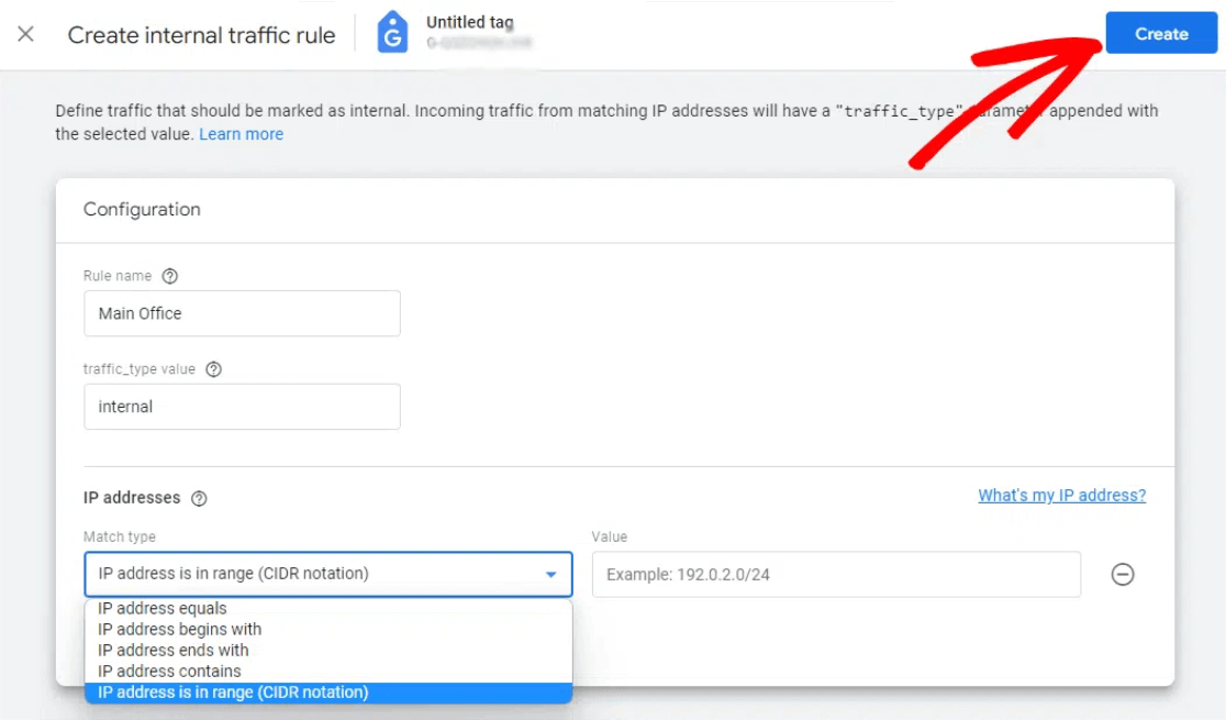 settings for create internal traffic rule GA4