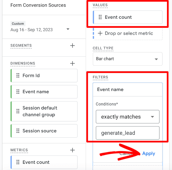 GA4 custom report form submission source - values and filters