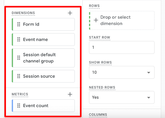 GA4 form conversion source custom report - dimensions