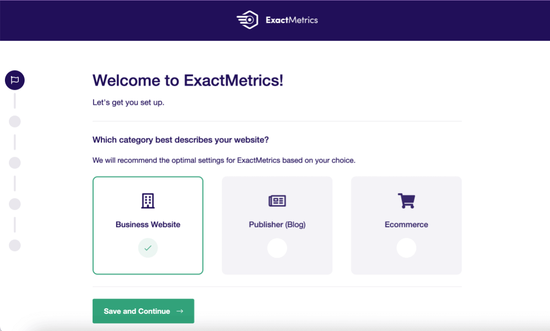 ExactMetrics - welocme wizard - website type