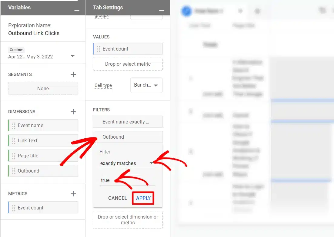 GA4 track outbound links in Google Analytics - filter is true custom report