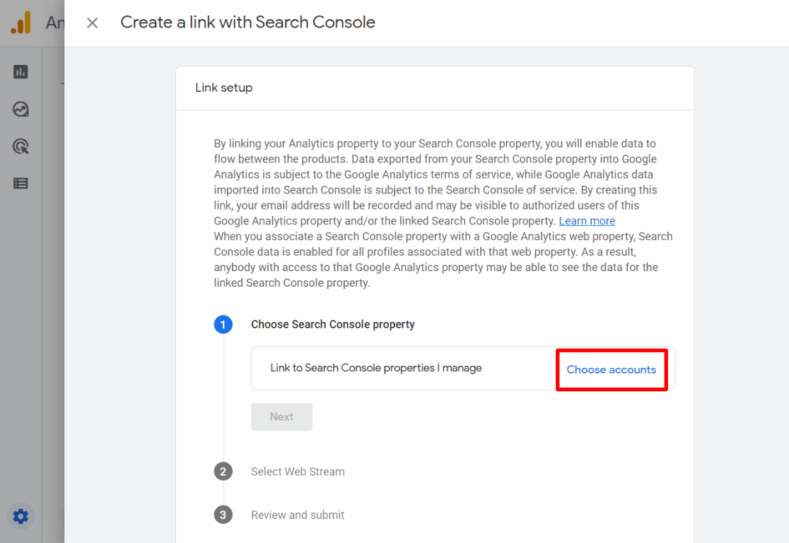 Choose Accounts - Search Console Linking