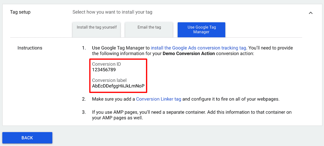 Google Ads conversion ID and label