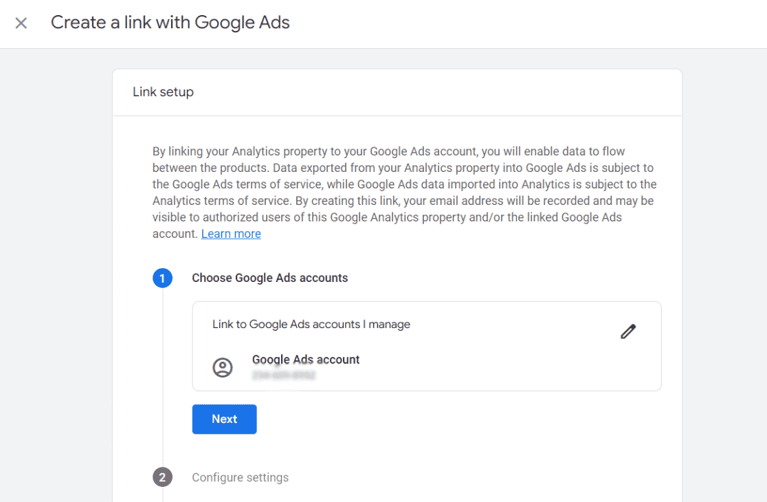 Google Ads link - next