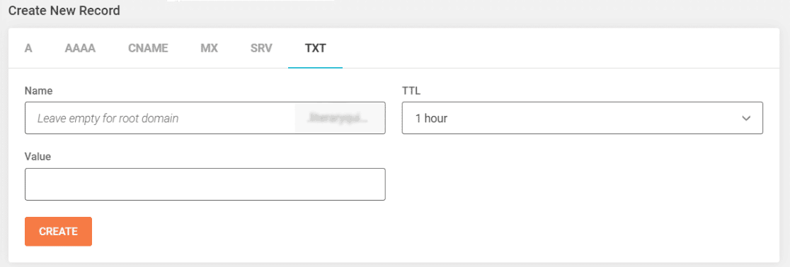 Create a new TXT record for domain verification