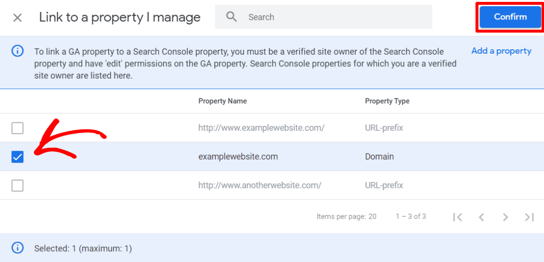 Choose your property - Search Console link
