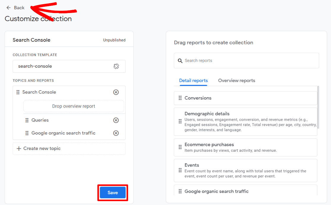 Save collection - GA4 Search Console integration