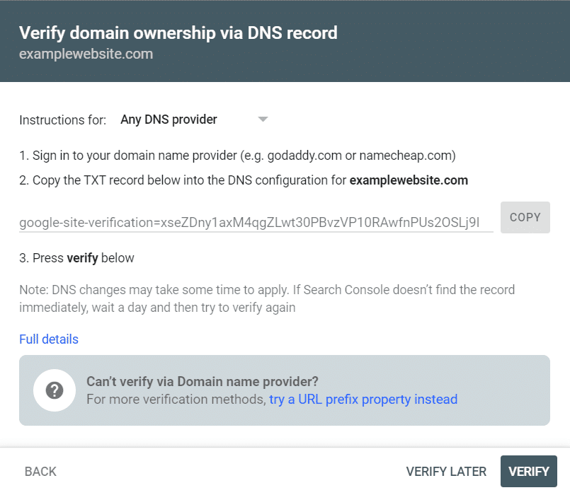 Verify Search Console with domain