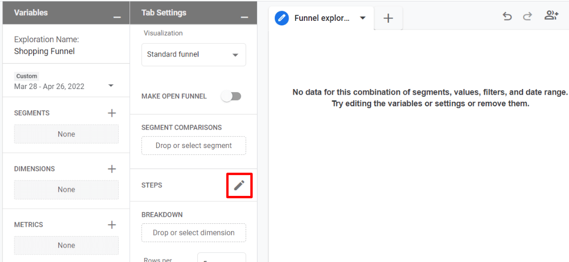 Edit the steps in a GA4 shopping funnel report