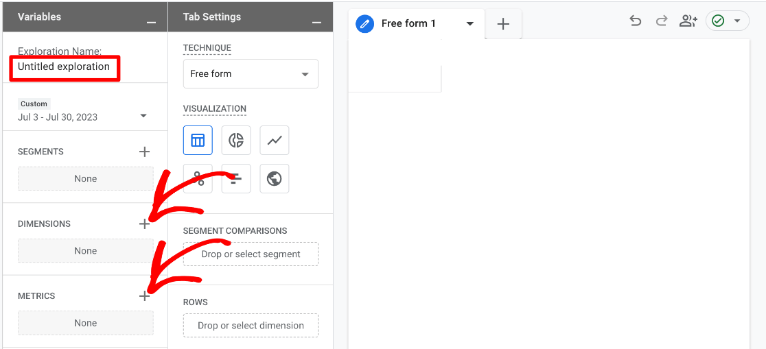 GA4 blank custom exploration - add dimensions and metrics