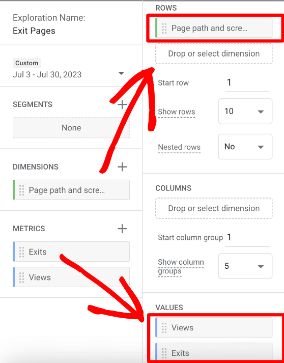 GA4 exit pages custom report rows and values