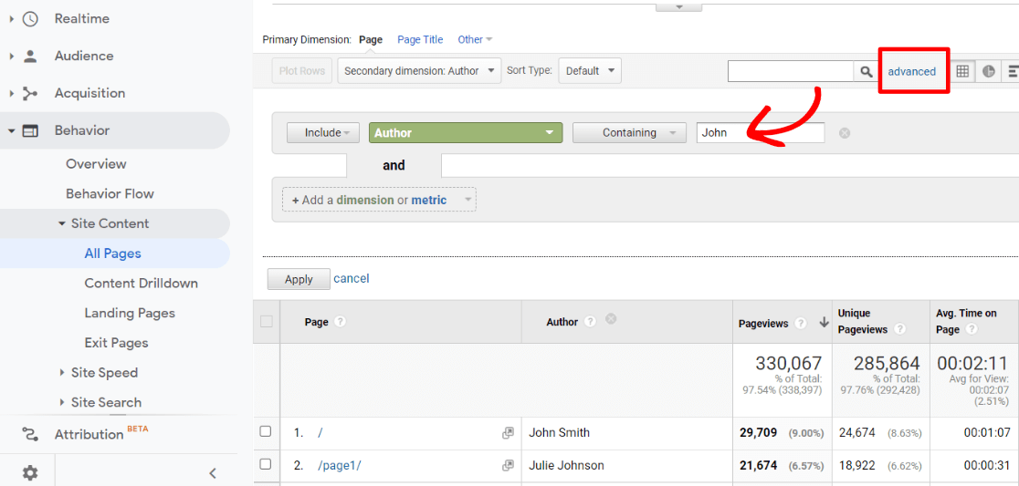 Author Filter Report in Google Analytics