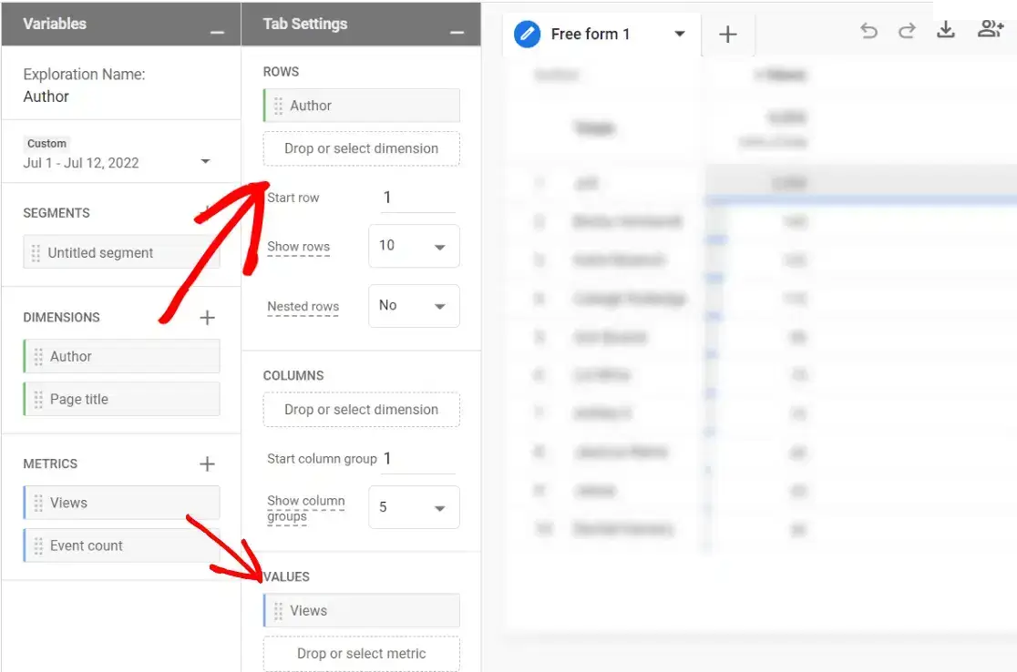 GA4 custom report authors-rows-views-values