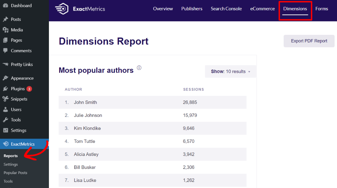 Most Popular Authors Report in ExactMetrics