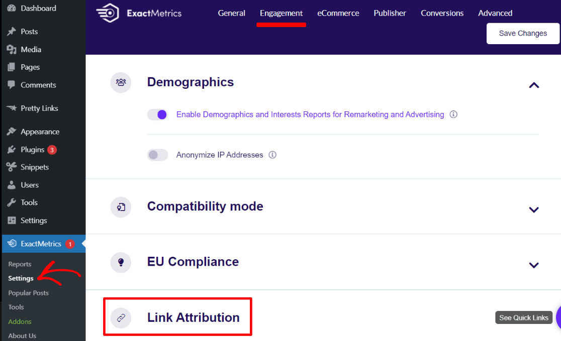 Link attribution settings in ExactMetrics