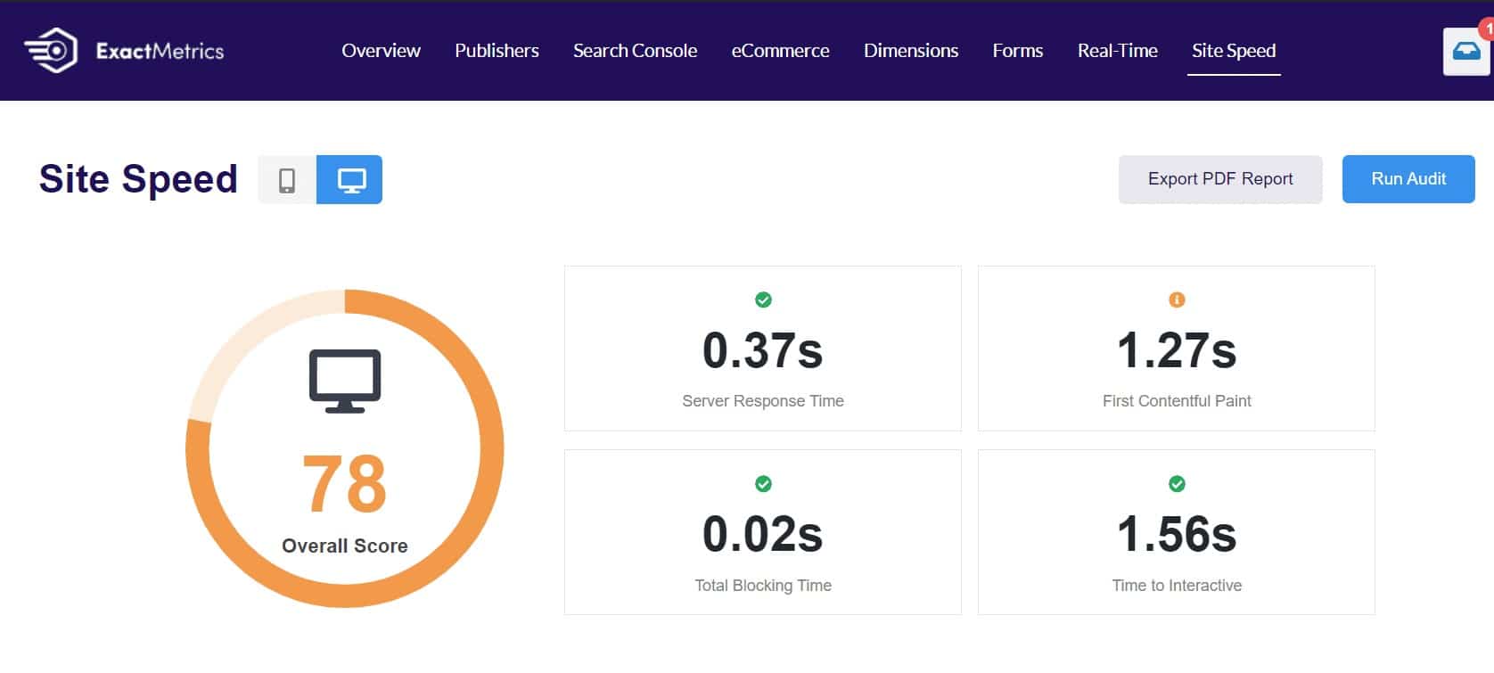 ExactMetrics Site Speed Report