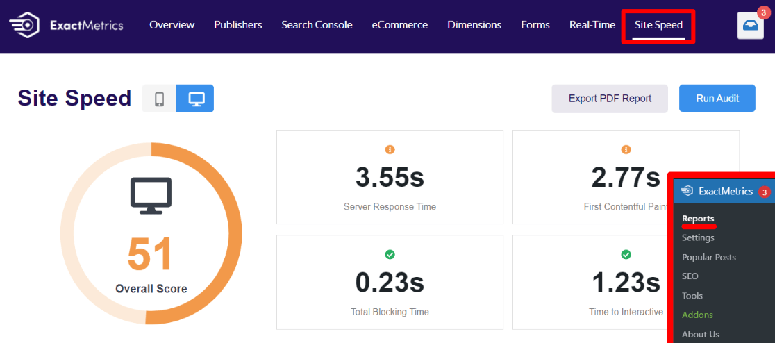 Site Speed Report in ExactMetrics